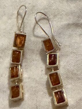 .925 Sterling Silver 2” Citrine rectangular Dangle Earrings